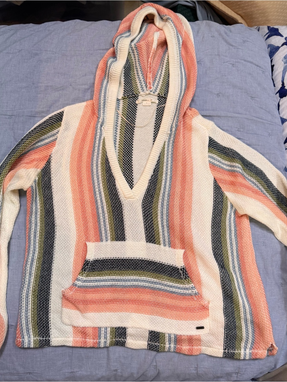 O'Neill Striped Hooded Beach Coverup in Coral, Navy & Cream - Picture 3 of 13